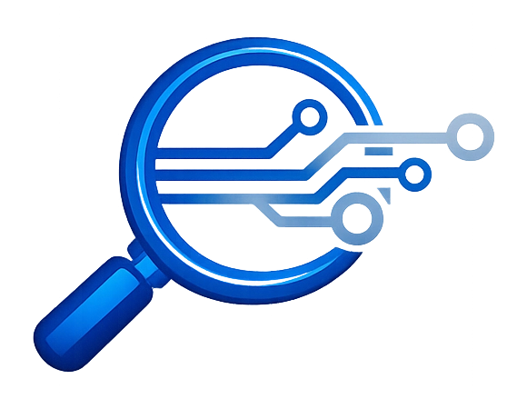 Icône bleue représentant une loupe sur circuit électronique, symbole d’analyse et de diagnostic informatique LDCI INFORMATIQUE®.
