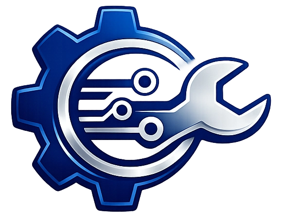 Icône premium bleue avec engrenage et clé, illustrant l’intervention et la résolution technique par LDCI INFORMATIQUE®.