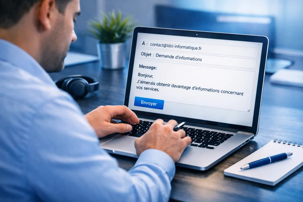 Illustration photoréaliste d’un utilisateur rédigeant un message sur un ordinateur portable, représentant le formulaire de contact LDCI INFORMATIQUE.